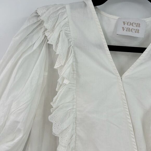 Voca Vaca Womens Ruffle Eyelet V-Neck Blouse White Small - Picture 7 of 12